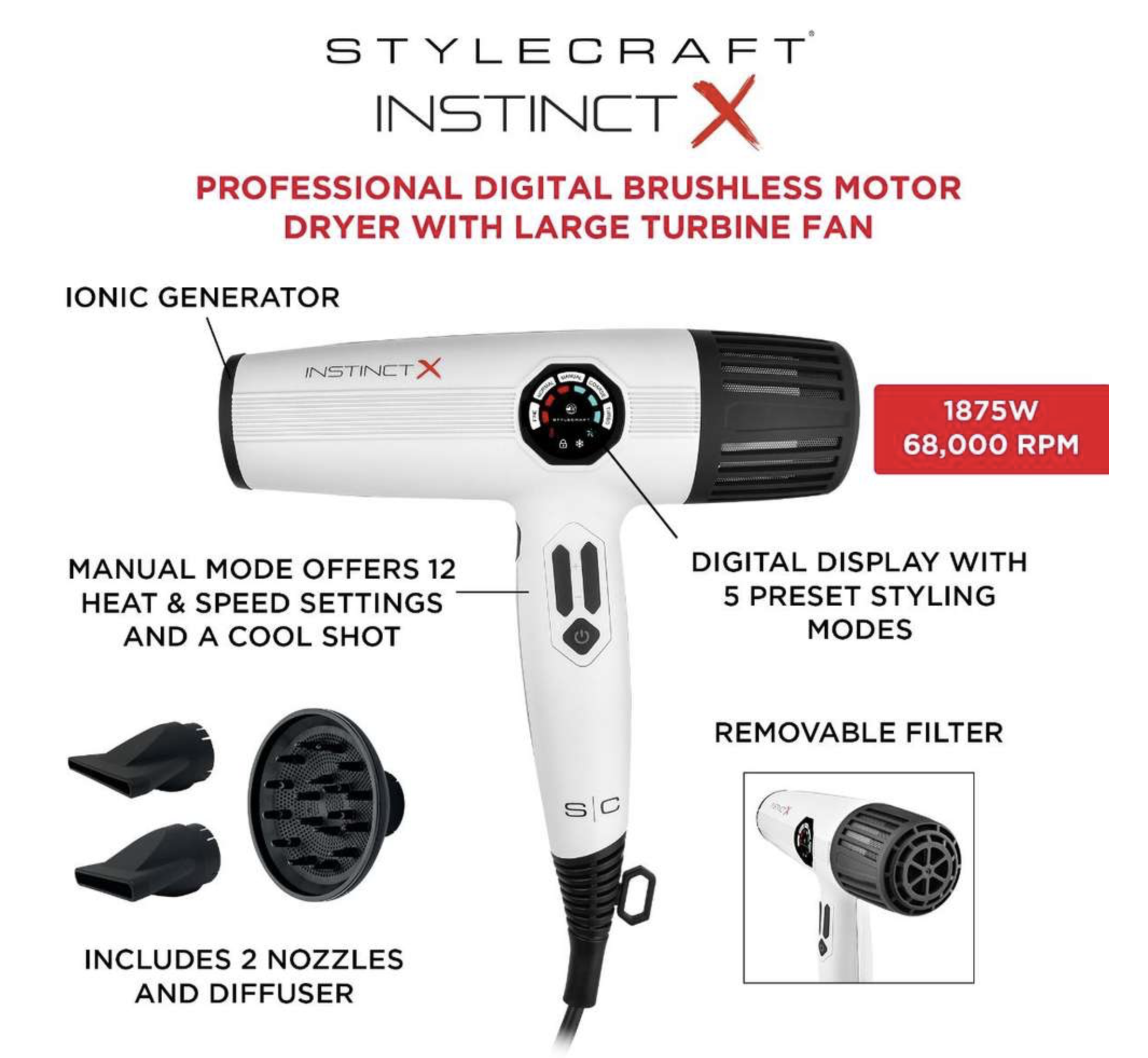 Stylecraft INSTINCT X HAIR DRYER - PROFESSIONAL DIGITAL DISPLAY HAIR DRYER WITH BRUSHLESS MOTOR